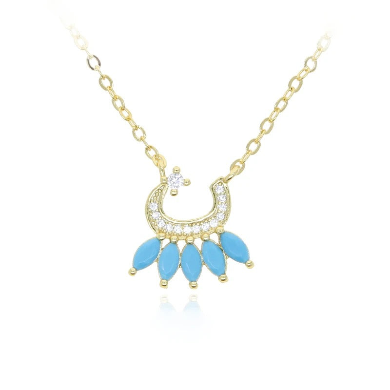 Golden Arabic letter Noon necklace with pink stones | عقد حرف نون عربي ذهبي مع أحجار وردية