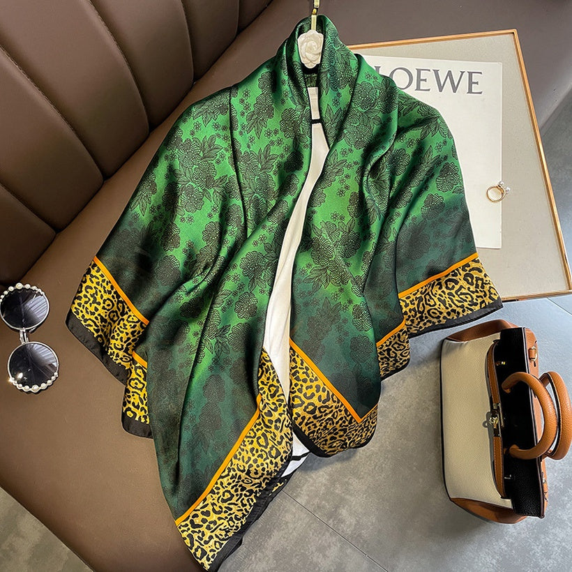 Green Gradient Floral Stitching Leopard Large Square Scarf