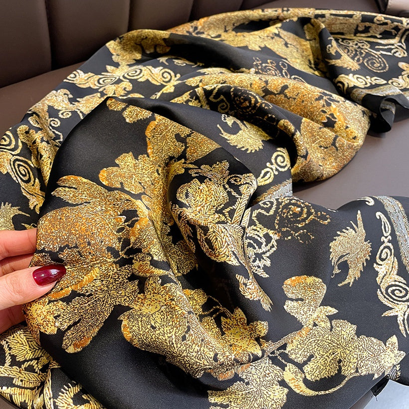Retro Chinese Style Black Gold Phoenix Print silk scarf