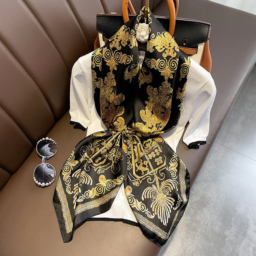 Retro Chinese Style Black Gold Phoenix Print silk scarf