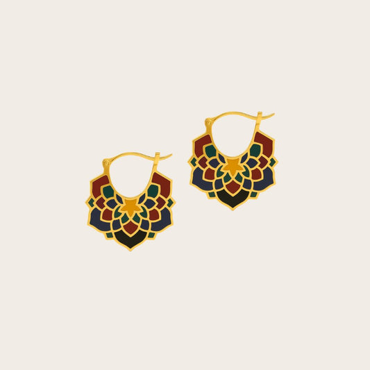 Arabesque Series Midnight Souk gold enamel earrings in black green and red by Miniz Jewelry