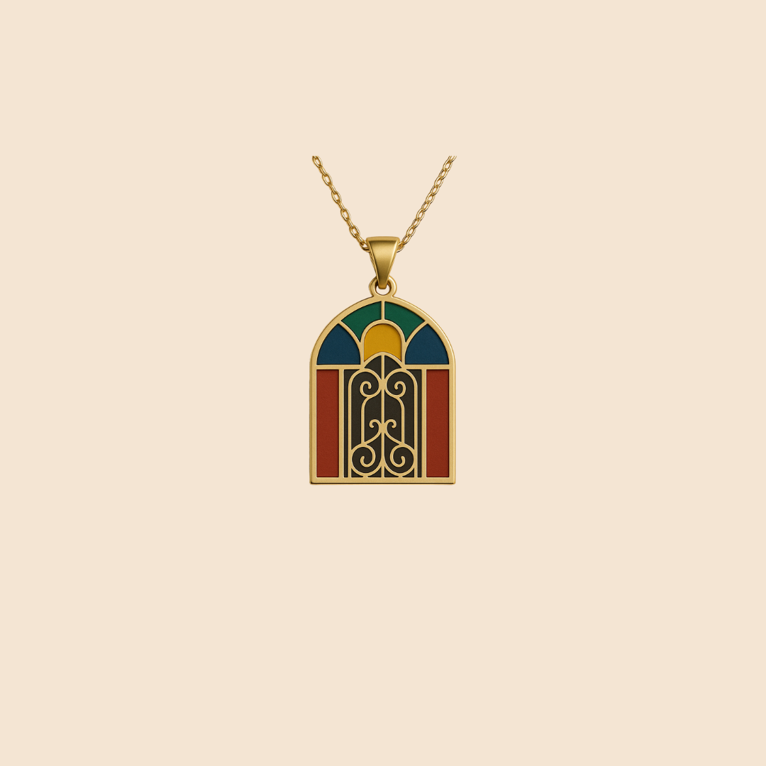 Beirut stained-glass window necklace – colorful Lebanese shababeek pendant inspired by heritage architecture