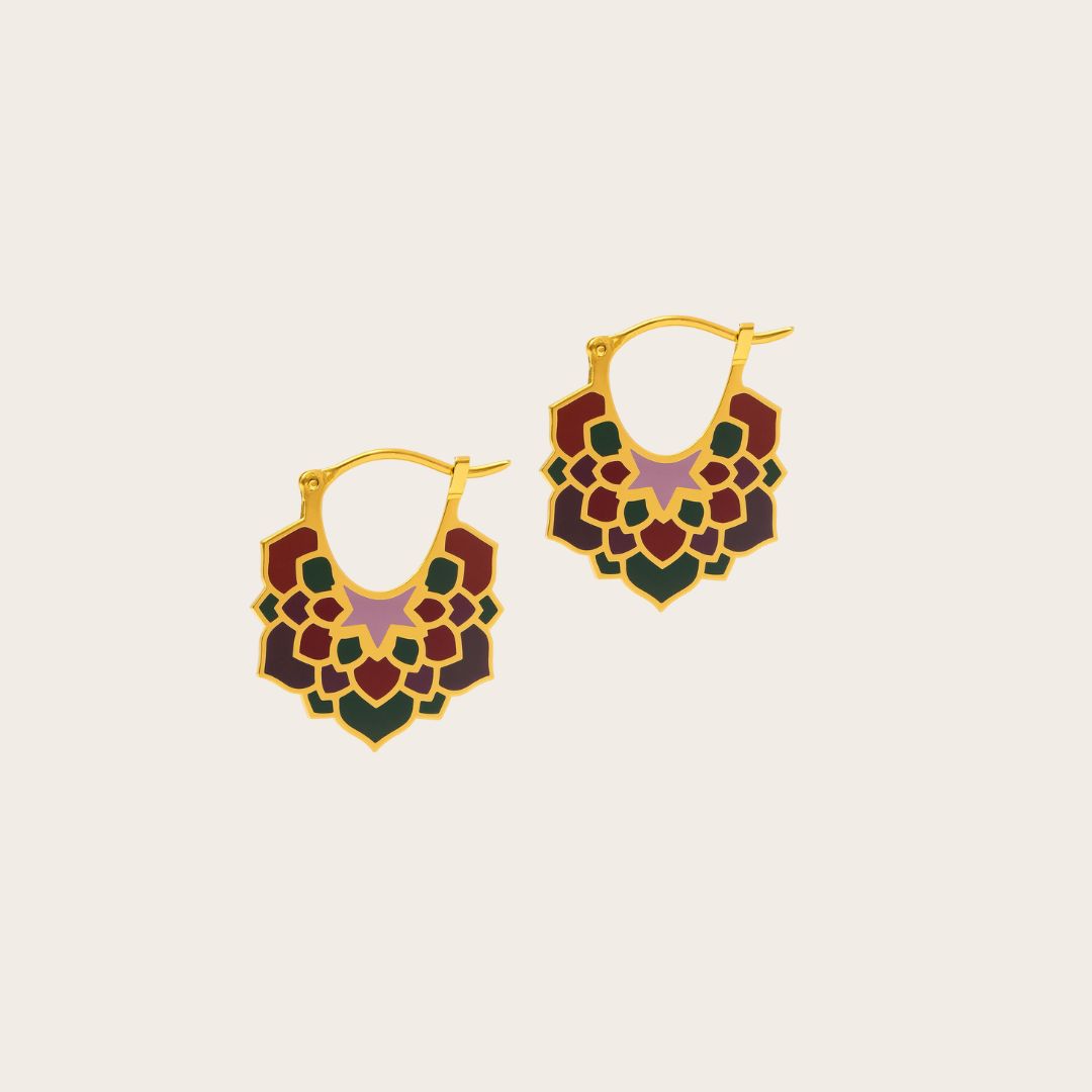 Arabesque Series Plum Mirage gold enamel earrings in plum green and amber by Miniz Jewelry