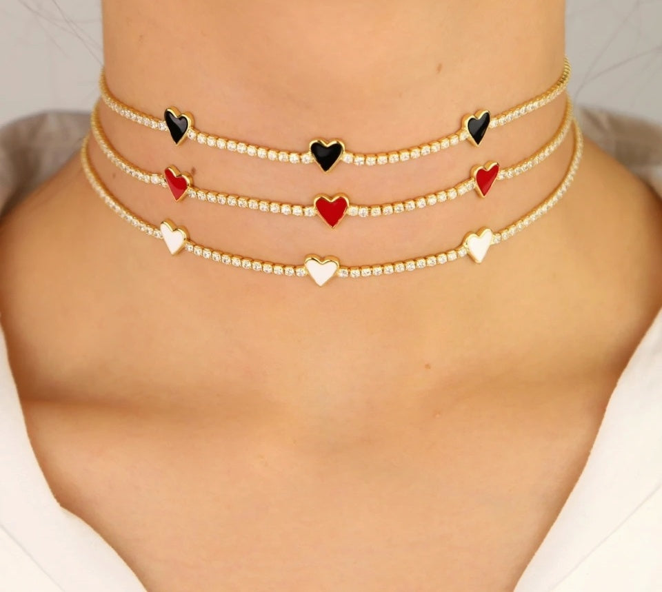 MiniLux Tennis Necklace with enamel hearts- black