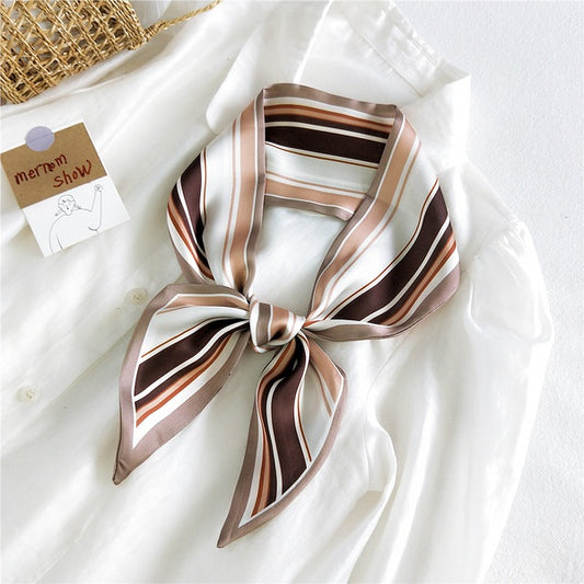 Brown Stripe Long Ribbon Silk Scarf