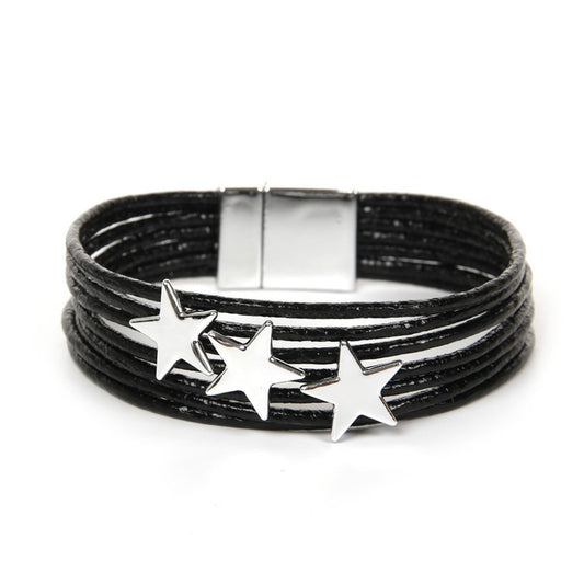 Stars Leather Bracelet - Black