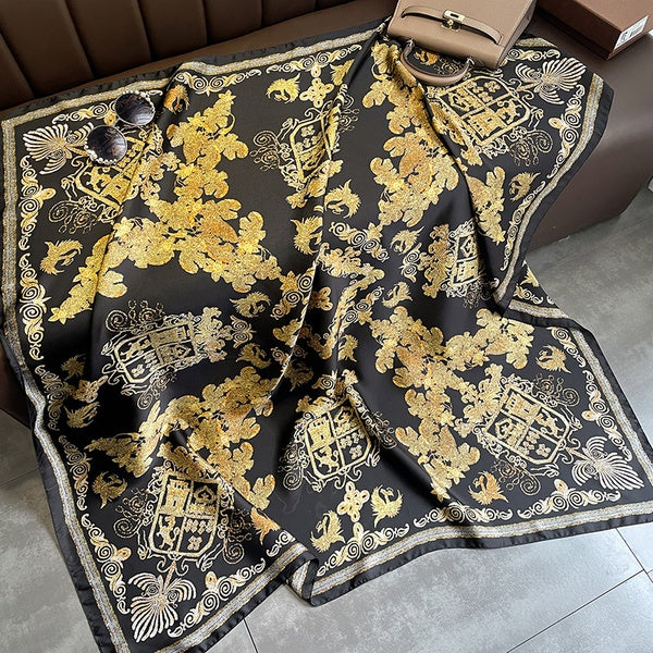 Retro Chinese Style Black Gold Phoenix Print silk scarf
