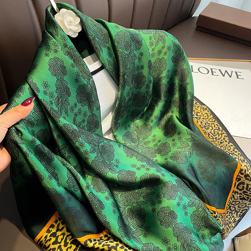 Green Gradient Floral Stitching Leopard Large Square Scarf