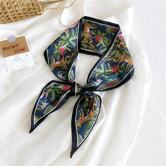 Animal Jungle Navy Blue Long Ribbon Silk Scarf